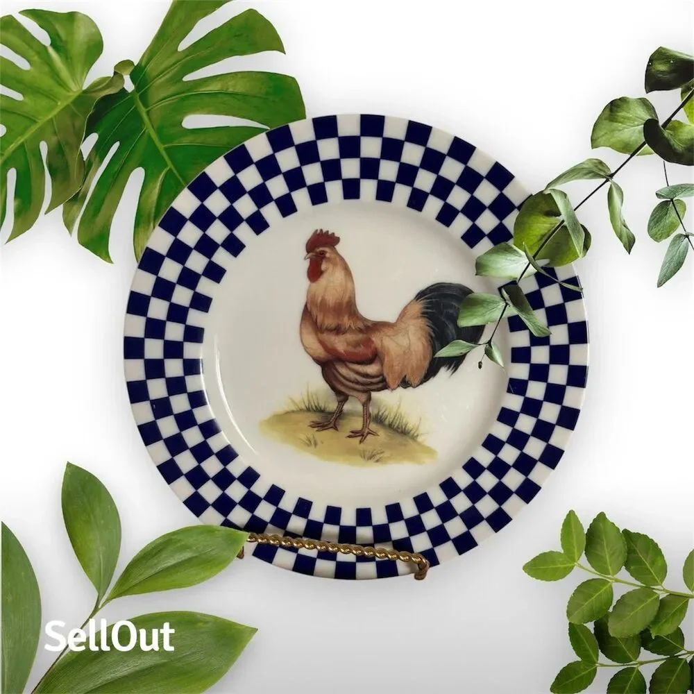 Williams Sonoma Blue Checkered Rooster Salad Plates Set of 4